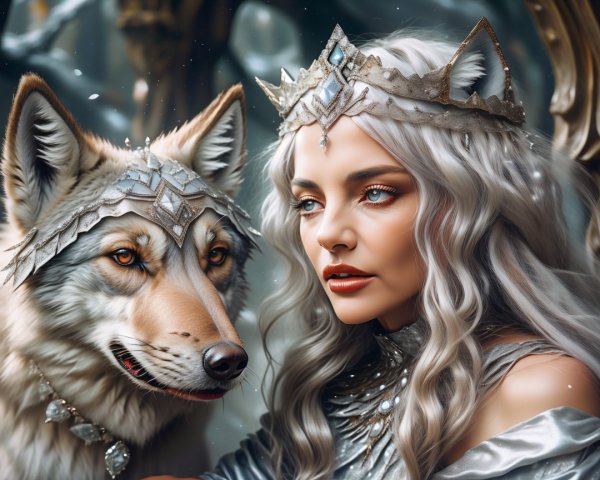 Digital Painting of a Queen and Wolf in Soft Colors