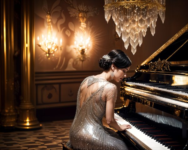 Woman in Silver Gown Playing Grand Piano in Elegance