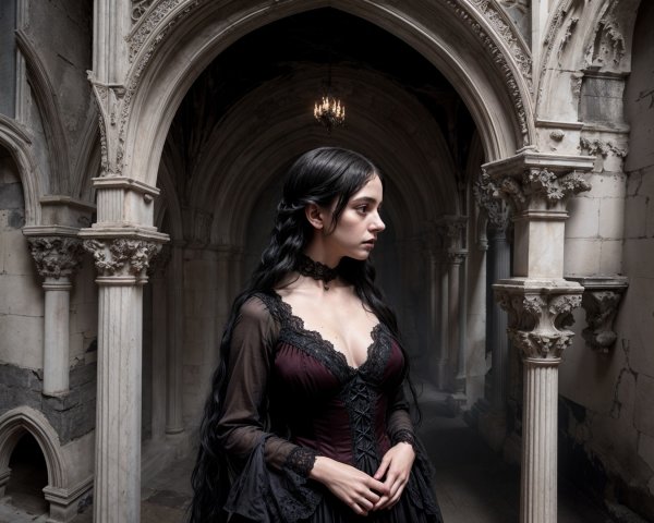 Gothic Corridor with Young Woman in Vintage Attire
