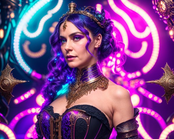 Beautiful woman with purple hair in neon lights