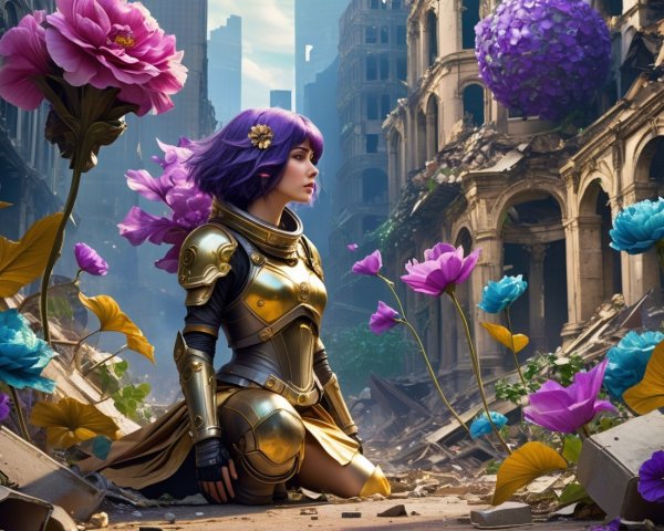 Warrior in Golden Armor in Post-Apocalyptic City
