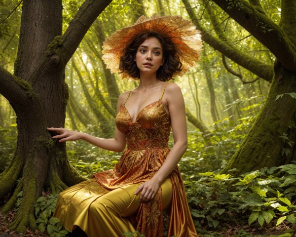 Young Woman in Golden Gown in Lush Forest Setting