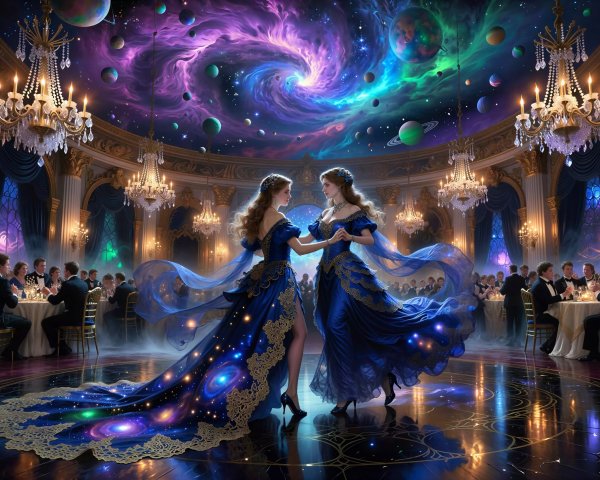 Elegant Women in Blue Gowns Dancing in Grand Ballroom