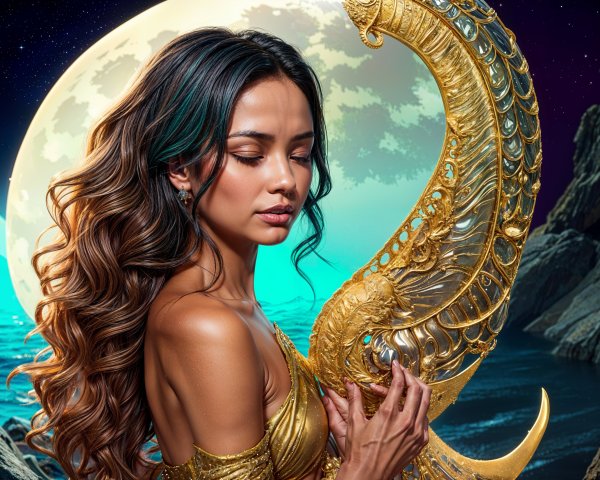 Serene figure in gold with crescent instrument by ocean
