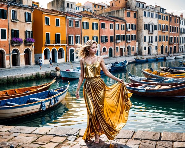 Woman in Golden Dress by Picturesque Canal Scene