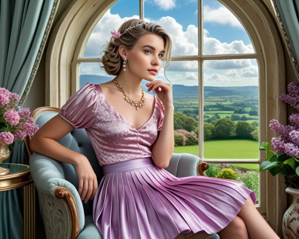 Fair-skinned woman in lilac dress on Victorian armchair