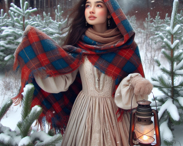 Woman in Beige Dress with Lantern in Snowy Forest