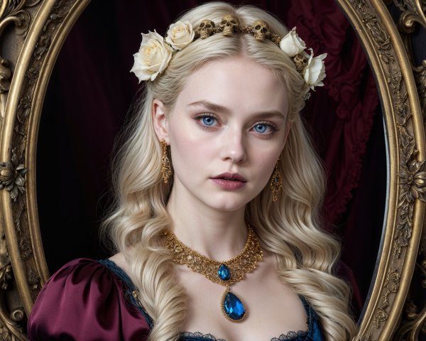 Woman in burgundy dress with floral crown and jewelry