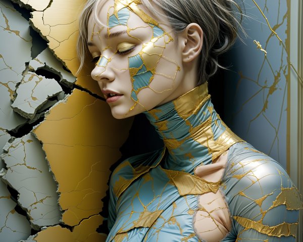 Sculptural Figure in Cracked Outfit Against Textured Walls