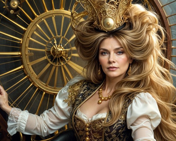 Regal figure with golden hair and ornate Victorian attire