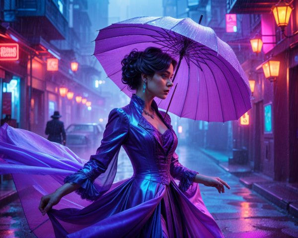 Elegant Woman in Purple Gown on Neon Street