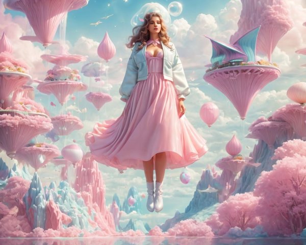 Woman in Pink Dress in Whimsical Pastel Landscape