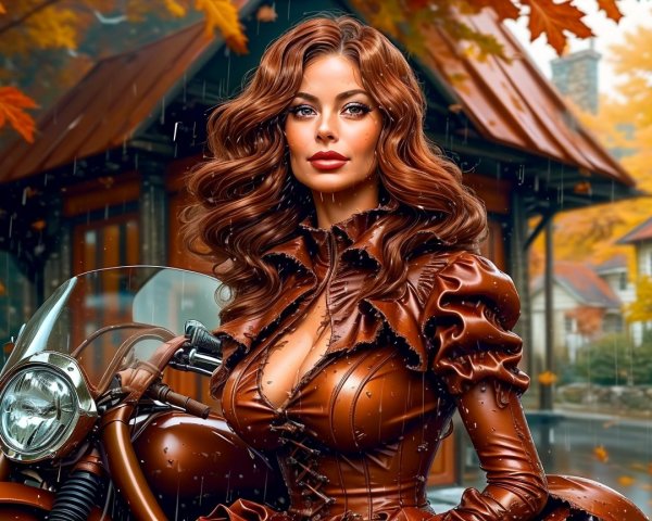 Confident Woman with Motorcycle in Autumn Landscape