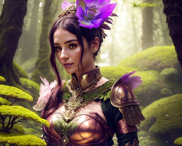 Mystical Forest Scene with Ornate Armored Woman