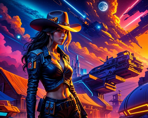 Futuristic Cowgirl in Vibrant Sci-Fi Landscape