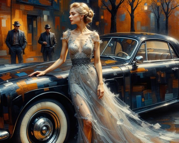 Glamorous Woman in Elegant Gown by Vintage Car