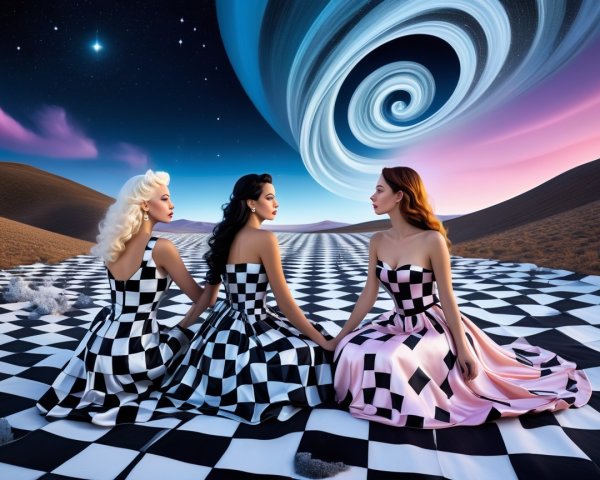 Elegant women in checkerboard dresses on chessboard