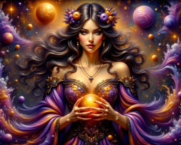 Mystical woman with glowing orb in cosmic setting