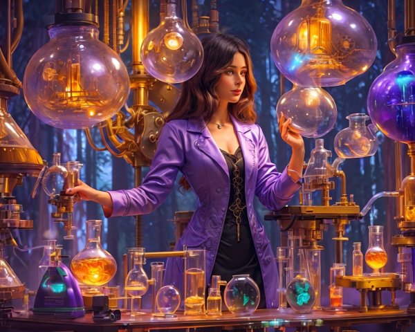 Young Woman in Purple Jacket in Mystical Laboratory