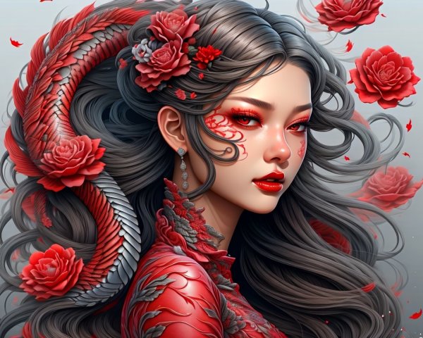 Portrait of a woman with red flowers and dragon motifs