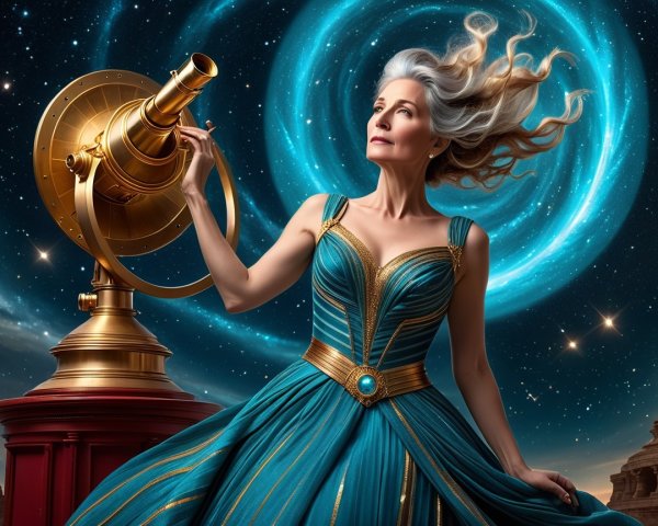 Elegant woman with grey hair and telescope in cosmos
