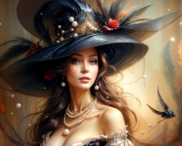Elegant Woman in Oversized Hat with Pearls and Flowers
