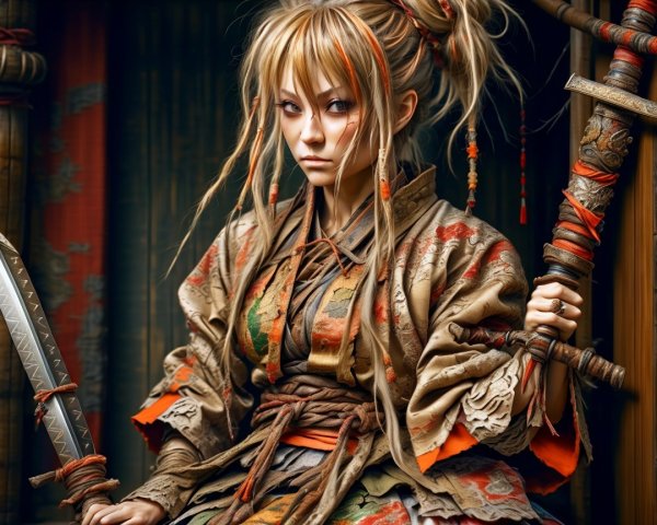 Fierce Warrior in Intricate Kimono with Sword