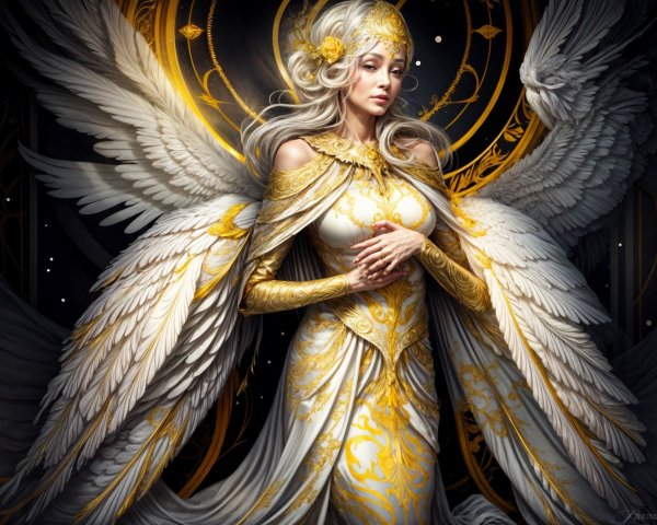 Majestic figure in elegant gown with celestial wings