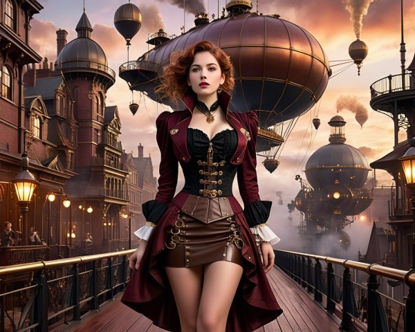 Steampunk Woman on Bridge with Victorian Architecture