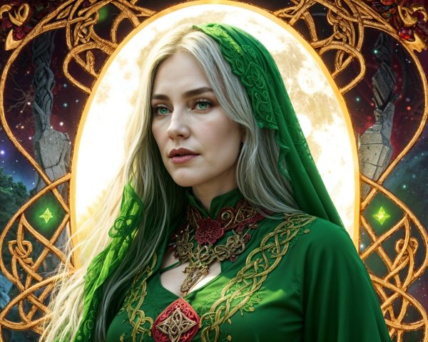 Character in Green Gown with Mystical Moon Background