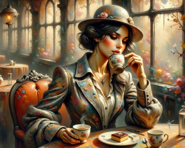 Sophisticated Woman at Flower-Themed Café Table