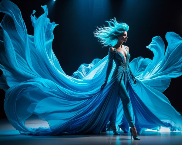 Extravagant blue gown with flowing fabric and fitted bodice