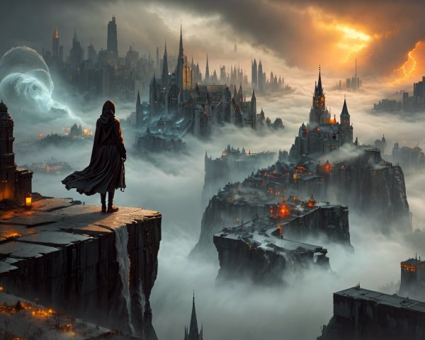 Medieval Fantasy Cityscape with Cloaked Figure Overlook