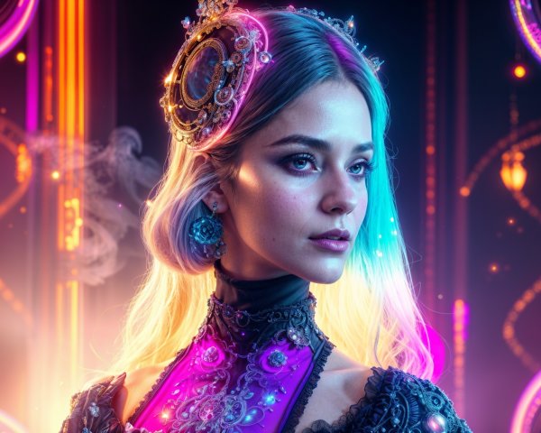 Portrait of a Young Woman with Colorful Hair and Outfit