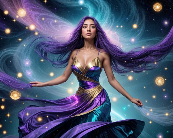 Ethereal Figure in Iridescent Gown Against Cosmic Scene