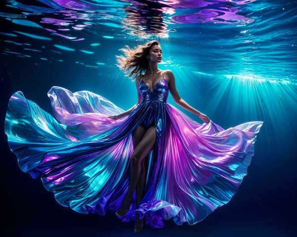 Underwater Scene with Elegant Figure in Flowing Gown