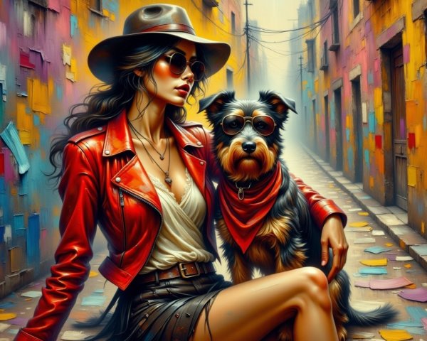 Stylish Woman and Dog in Trendy Urban Alley