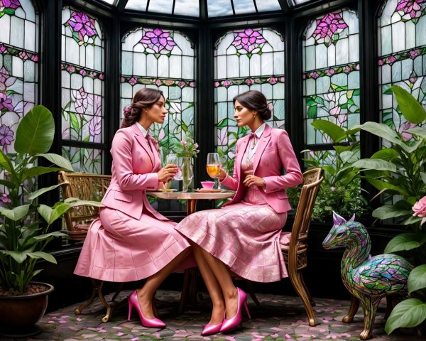 Women in Identical Pink Skirt Suits in Gazebo Setting