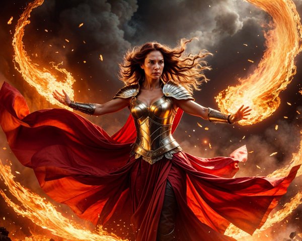 Warrior Woman in Golden Armor with Fiery Flames