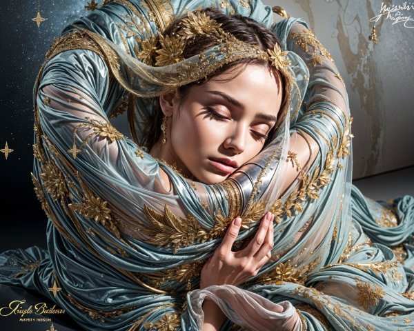 Young woman in ornate gown with celestial aura