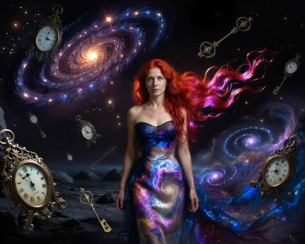 Surreal Landscape with Woman in Galaxy Dress