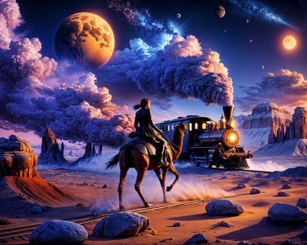 Lone Rider and Steam Train in Surreal Desert Landscape