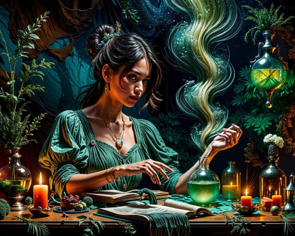 Young Woman in Green Dress with Potion and Candles