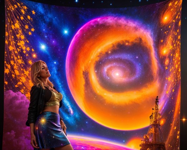 Woman in Shimmering Outfit Against Cosmic Galaxy Backdrop