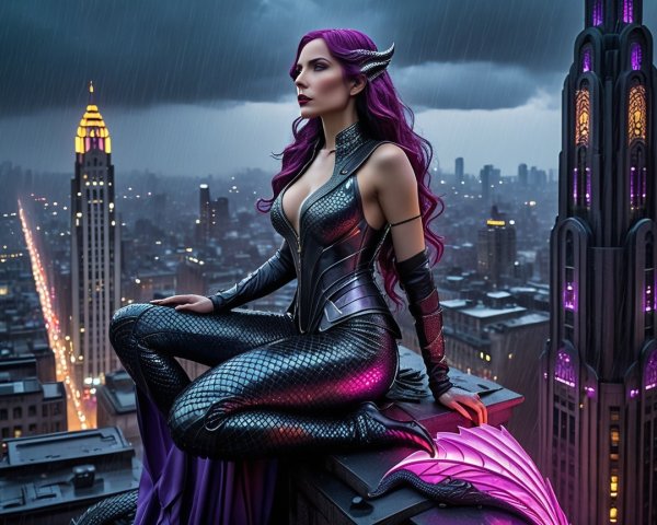Purple and Black Costume Figure on Rooftop at Night