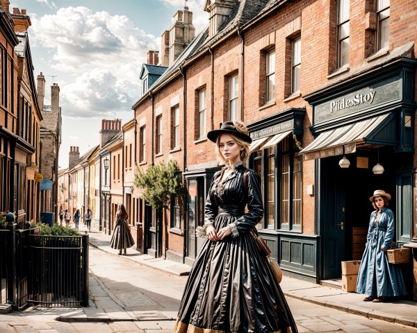 Victorian Street Scene with Elegant Women and Shops