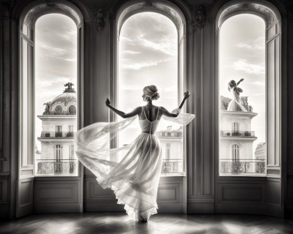 Graceful Figure in White Gown in Elegant Room
