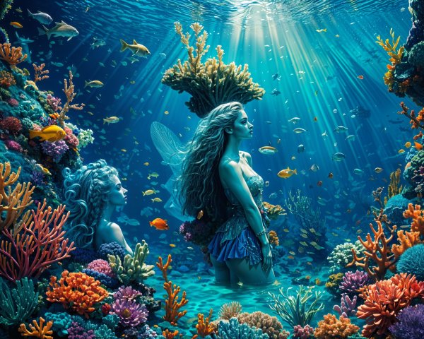 Mermaids in a Colorful Coral Reef with Fish