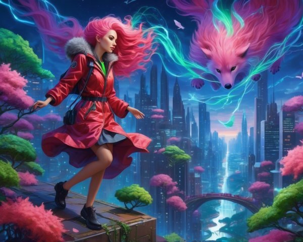 Futuristic city with a woman and glowing fox creature