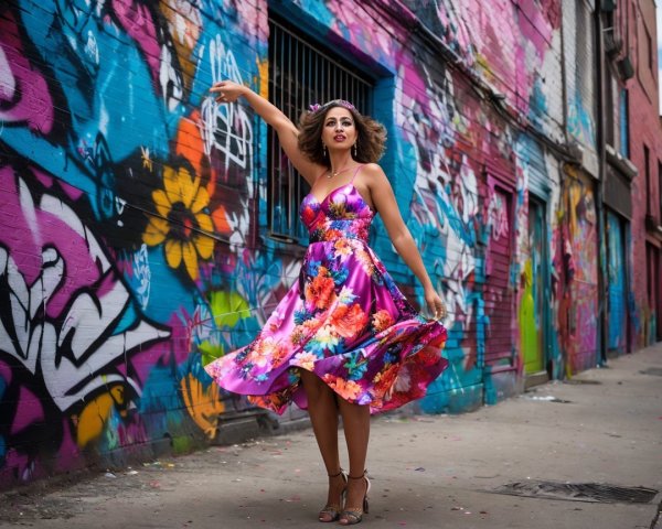 Young Woman in Floral Dress by Graffiti Wall